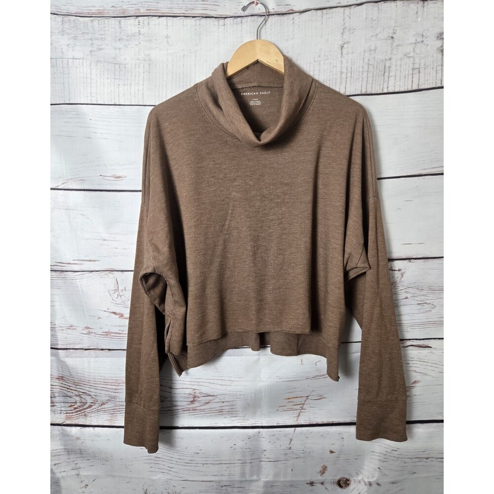 American Eagle Womens Top Size Large Brown Cowl Neck Cropped Oversized Sweater